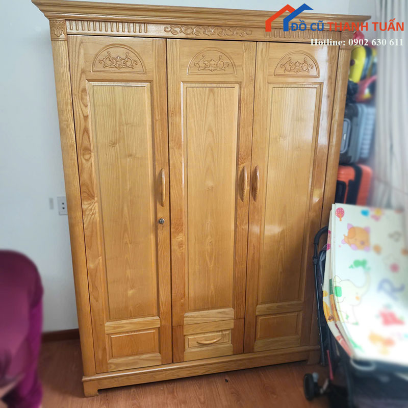 tu-quan-ao-go-cu-3-canh-co-ngan-keo-1 Tủ Quần Áo Gỗ Cũ 3 Cánh Có Ngăn Kéo