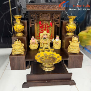 Bàn Thờ Tài Địa Cũ Chạm Hoa Sen Kèm Bộ Tượng Thờ