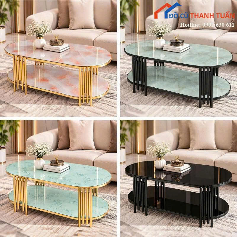 Bàn Trà Sofa Mới 99% Mặt Đá Oval Chân Sắt Mạ (Nhiều Màu)