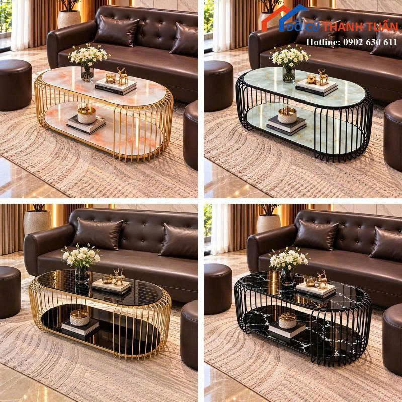 Bàn Trà Sofa Mới 99% Mặt Đá Oval Chân Sắt Uốn Cong