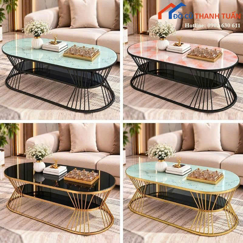 Bàn Trà Sofa Mới 99% Mặt Vân Đá Oval Chân Sắt