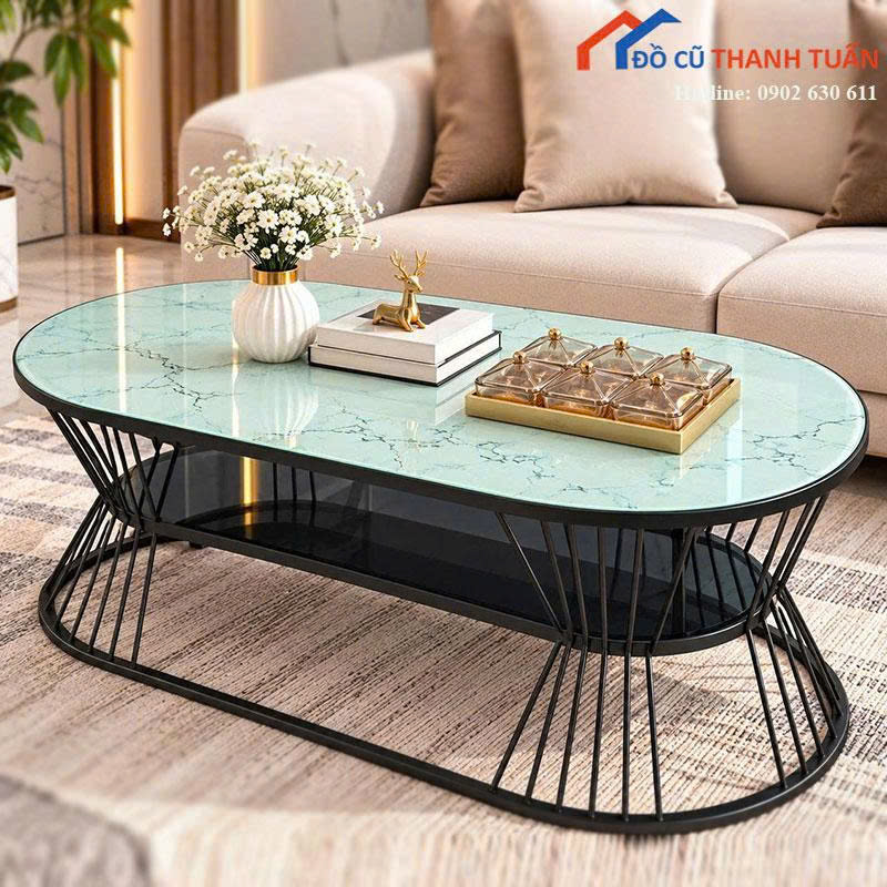 ban-tra-sofa-moi-99-mat-van-da-oval-chan-sat (2) Bàn Trà Sofa Mới 99% Mặt Vân Đá Oval Chân Sắt