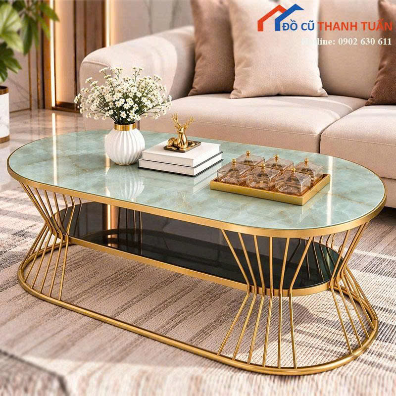 ban-tra-sofa-moi-99-mat-van-da-oval-chan-sat (3) Bàn Trà Sofa Mới 99% Mặt Vân Đá Oval Chân Sắt
