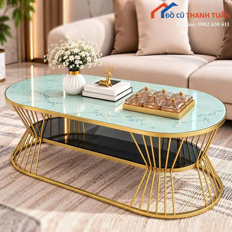 ban-tra-sofa-moi-99-mat-van-da-oval-chan-sat (4) Bàn Trà Sofa Mới 99% Mặt Vân Đá Oval Chân Sắt