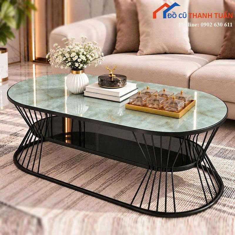 ban-tra-sofa-moi-99-mat-van-da-oval-chan-sat (5) Bàn Trà Sofa Mới 99% Mặt Vân Đá Oval Chân Sắt