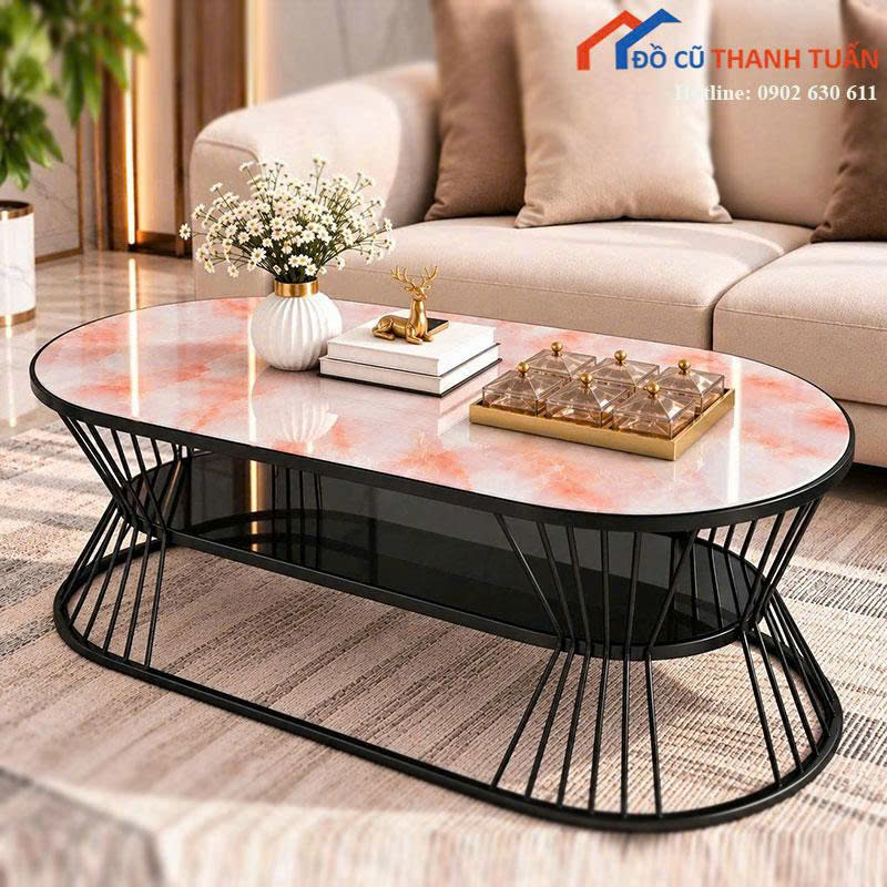 ban-tra-sofa-moi-99-mat-van-da-oval-chan-sat (6) Bàn Trà Sofa Mới 99% Mặt Vân Đá Oval Chân Sắt