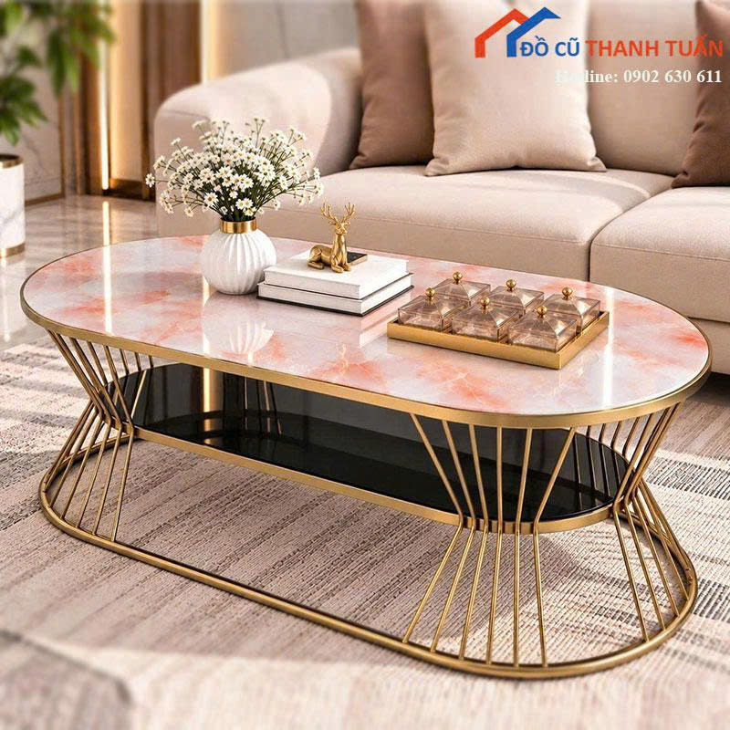 ban-tra-sofa-moi-99-mat-van-da-oval-chan-sat (7) Bàn Trà Sofa Mới 99% Mặt Vân Đá Oval Chân Sắt