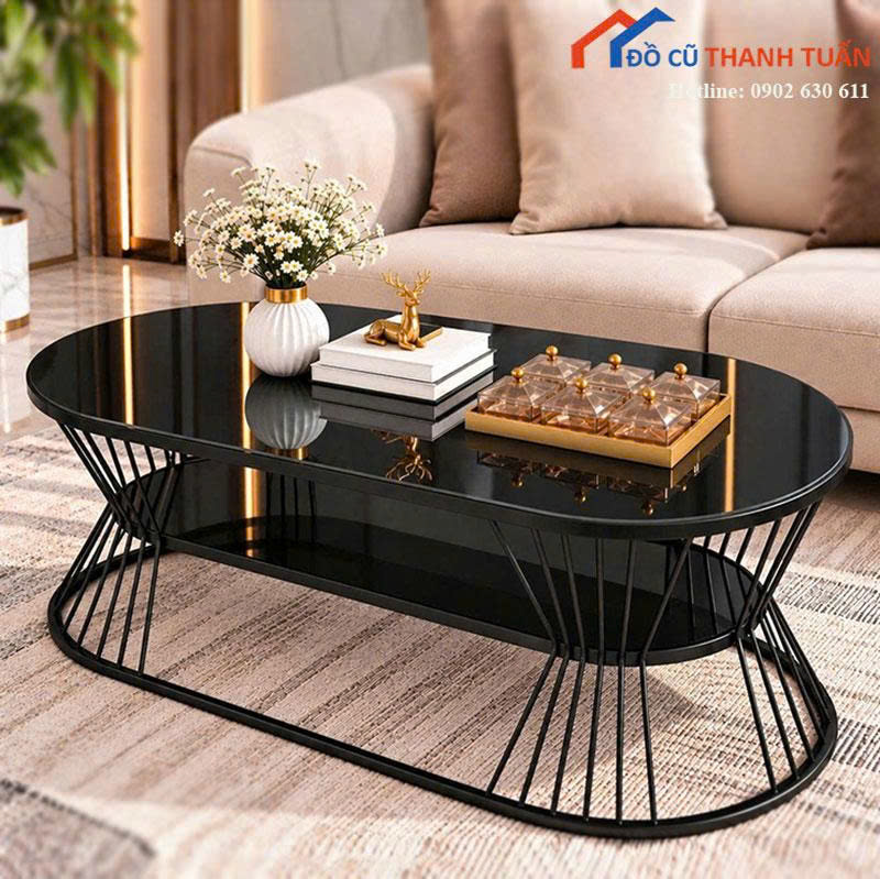 ban-tra-sofa-moi-99-mat-van-da-oval-chan-sat (9) Bàn Trà Sofa Mới 99% Mặt Vân Đá Oval Chân Sắt