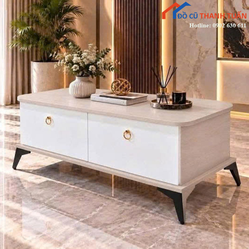 Bàn Trà Sofa Mới 99% Màu Trắng Kem Có 2 Ngăn Kéo