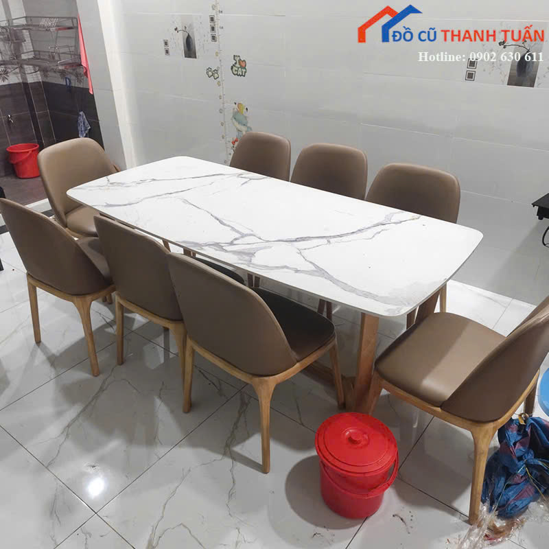 Bộ Bàn Ăn 8 Ghế Cũ Mặt Đá Vân Mây