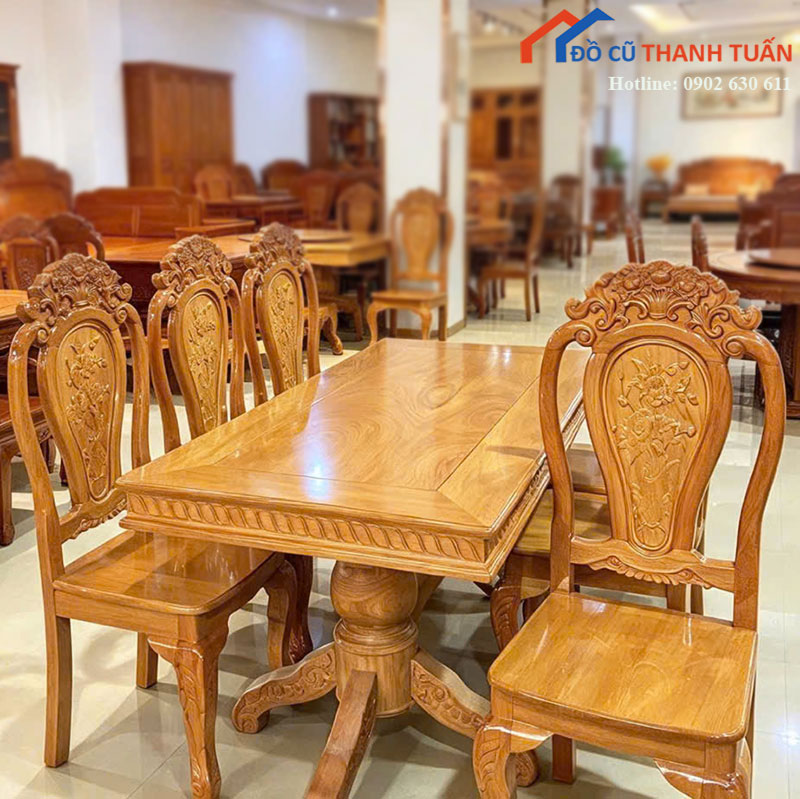 Bộ Bàn Ăn Gỗ Gõ Đỏ 6 Ghế Chạm Hoa Văn Mới 99%