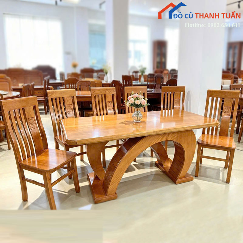 bo-ban-an-go-soi-chan-c-kep-6-ghe-moi-99-1 Bộ Bàn Ăn Gỗ Sồi Chân C Kép 6 Ghế Mới 99%