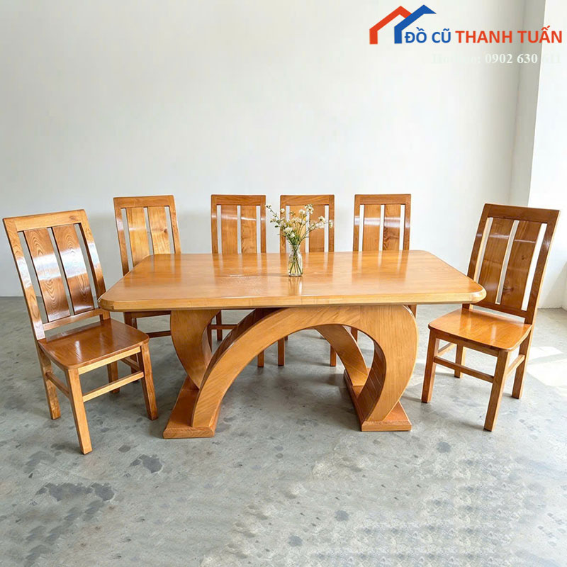 Bộ Bàn Ăn Gỗ Sồi Chân C Kép 6 Ghế Mới 99%