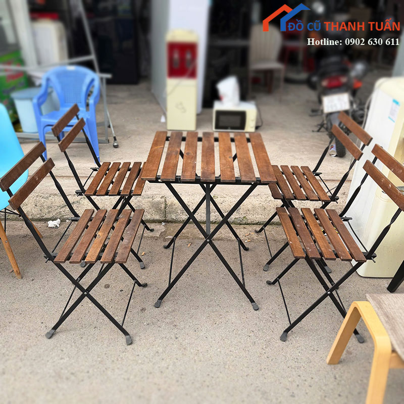 Bộ Bàn Ghế Cafe Cũ Gỗ Chân Sắt Gấp Gọn