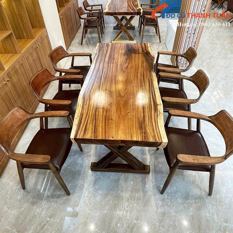 Bộ Bàn Ghế Cafe Gỗ Nguyên Tấm Chân Chữ X Mới 99%