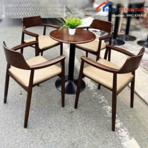 Bộ Bàn Ghế Cafe Gỗ Tựa Lưng Cột Cong Bọc Simili Mới 99%