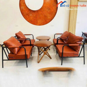 Bộ Bàn Ghế Cafe Sofa Khung Sắt Đệm Da Mới 99%