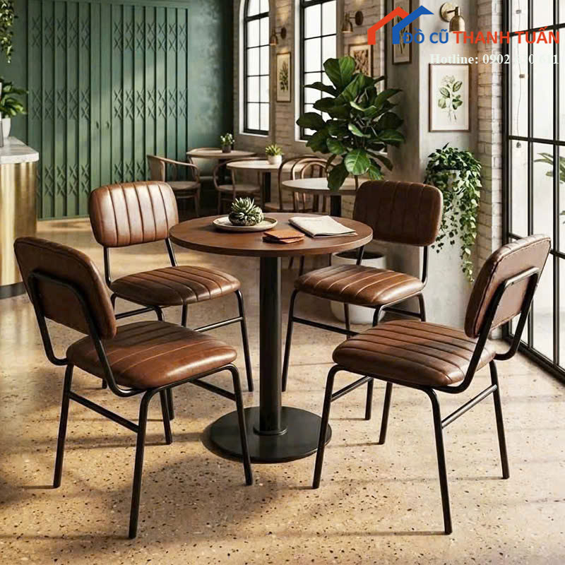 Bộ Bàn Ghế Cafe Tròn 4 Ghế Bọc Simili Nâu Mới 99%