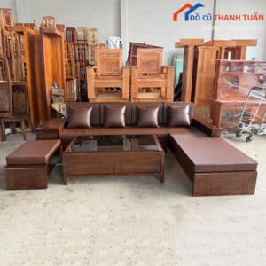 Bộ Salon Gỗ Mới 99% Đệm Da Nâu Kèm Bàn Trà Mặt Kính