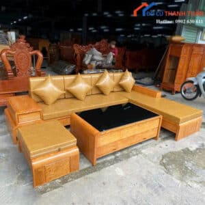Bộ Salon Gỗ Mới 99% Đệm Vàng Bò Kèm Bàn Trà Mặt Kính Đen