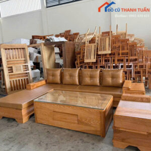 Bộ Salon Gỗ Mới 99% Góc Chữ L Kèm Đệm Da Nâu Bò