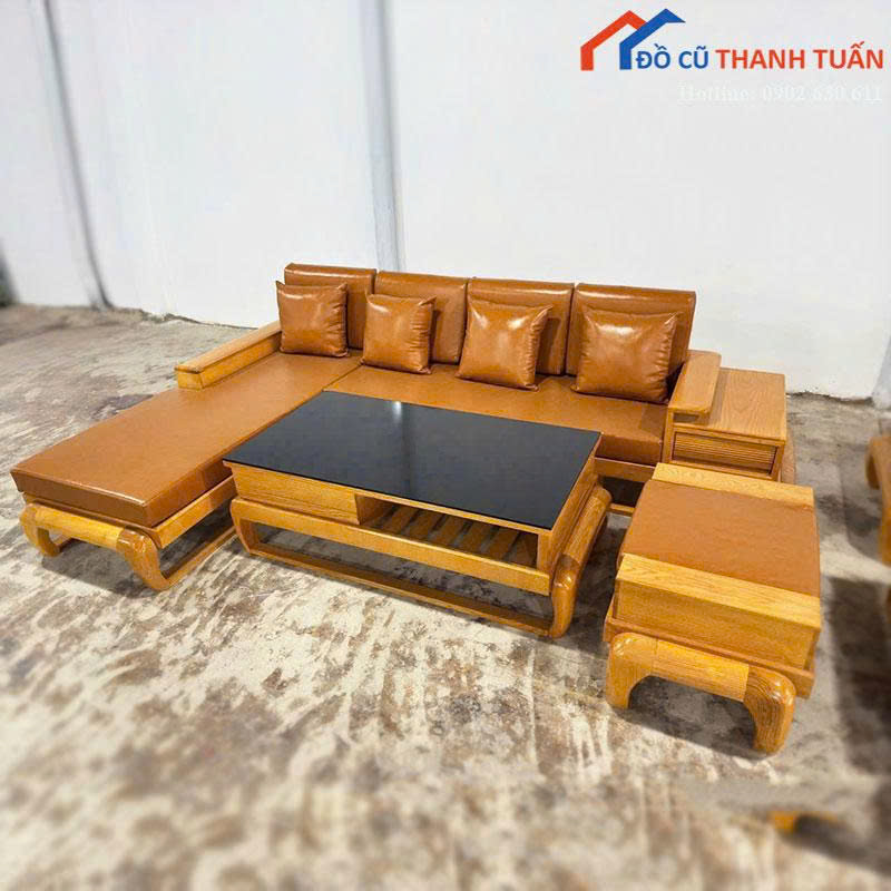 Bộ Salon Gỗ Mới 99% Góc Chữ L Kèm Đệm Da