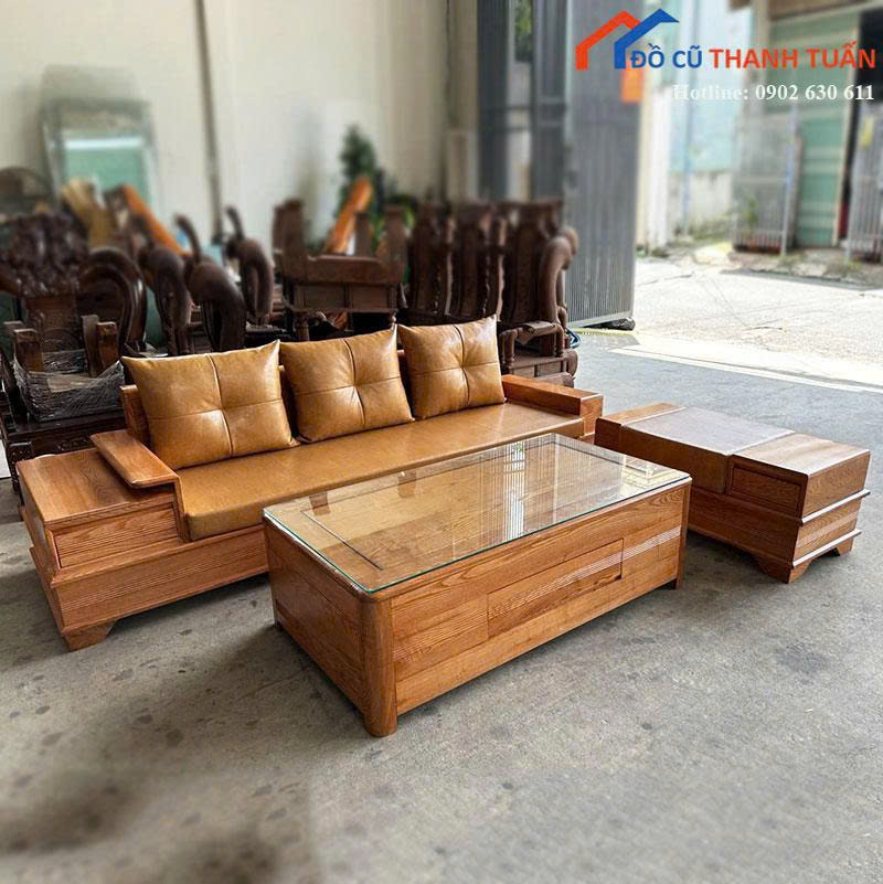 Bộ Salon Gỗ Mới 99% Kèm Đệm Da Màu Nâu Sang Trọng