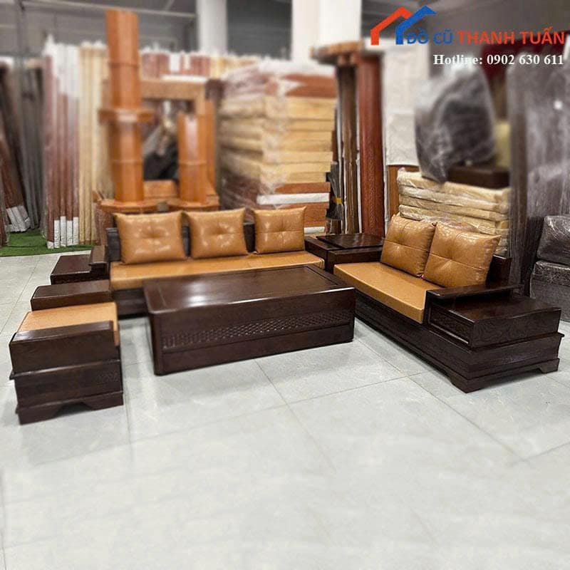 Bộ Salon Gỗ Mới 99% Màu Nâu Đậm Kèm Đệm Da Vàng Bò