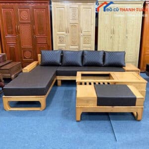 Bộ Salon Gỗ Mới 99% Màu Vàng Tự Nhiên Đệm Đen