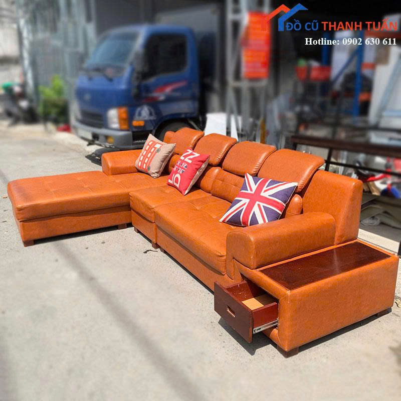 bo-sofa-goc-l-cu-boc-da-mau-cam-tuoi-sang-1 Bộ Sofa Góc L Cũ Bọc Da Màu Cam Tươi Sáng