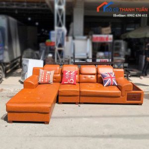 Bộ Sofa Góc L Cũ Bọc Da Màu Cam Tươi Sáng