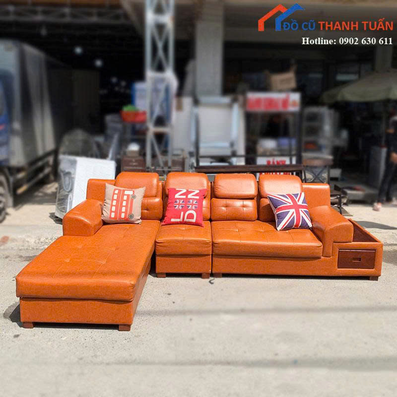 bo-sofa-goc-l-cu-boc-da-mau-cam-tuoi-sang-2 Bộ Sofa Góc L Cũ Bọc Da Màu Cam Tươi Sáng