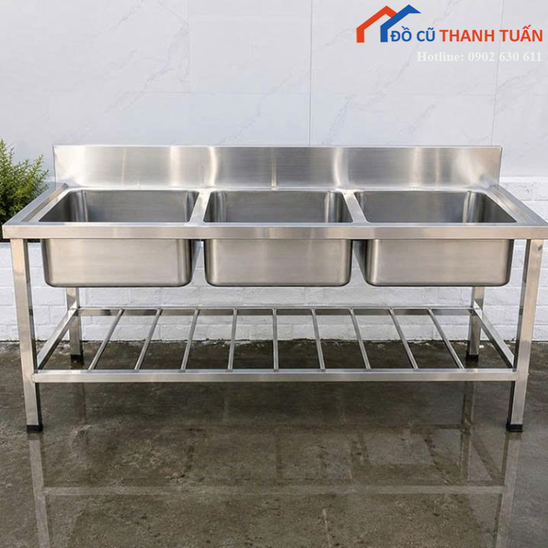 Bồn Rửa Chén Inox 3 Ngăn Có Kệ Nan Dưới Mới 99%