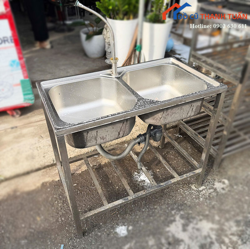 chau-rua-chen-inox-2-hoc-cu-co-ke-duoi-1 Bồn Rửa Chén Inox 2 Hộc Cũ Có Kệ Dưới