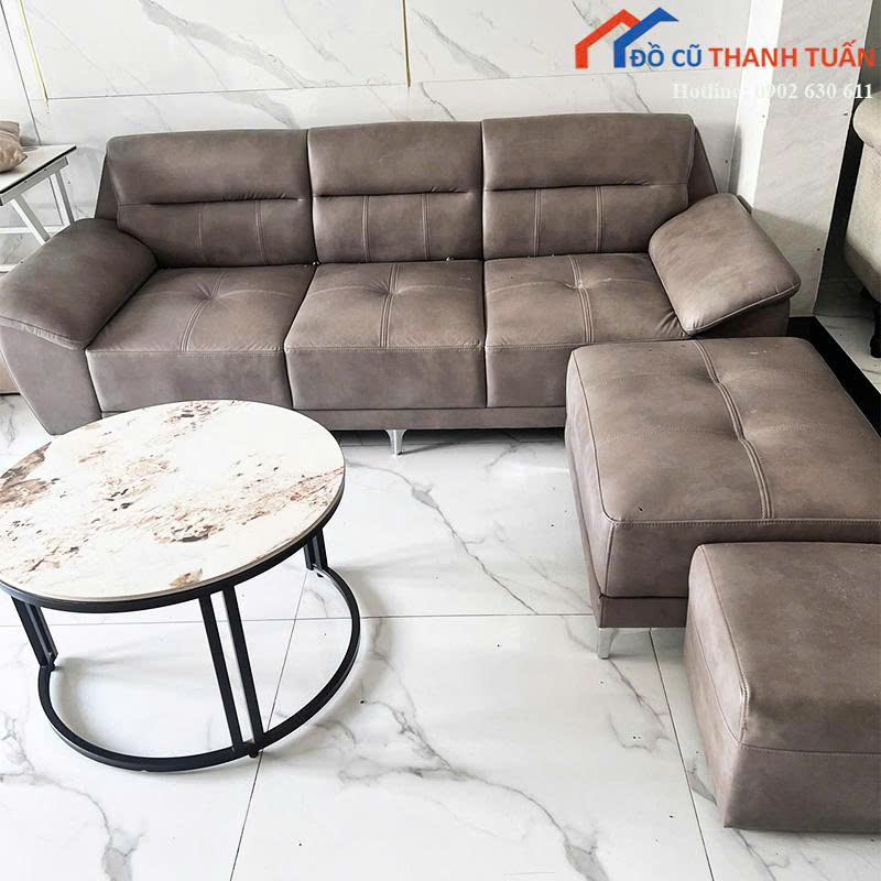 Sofa Băng 3 Chỗ Cũ Kèm Đôn Bọc Da Màu Nâu Xám