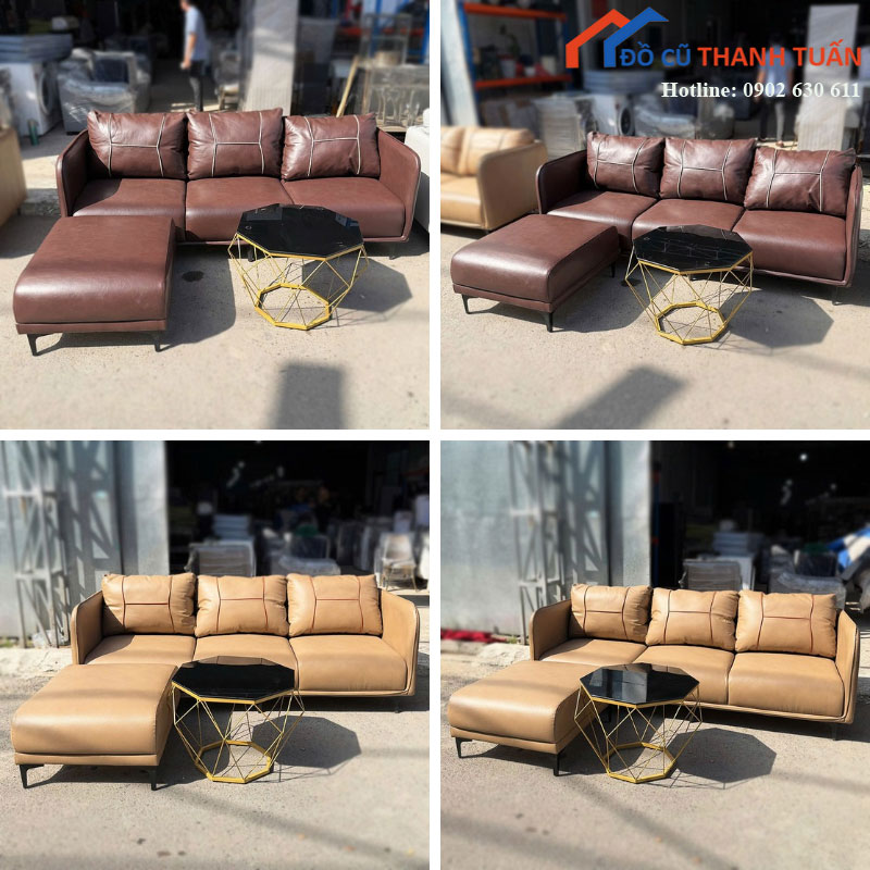 Sofa Băng Bọc Da Kèm Đôn Và Bàn Trà Kính Mới 99%