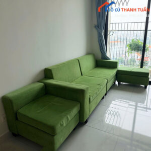 Sofa Băng Màu Xanh Cũ Kèm Ghế Đơn Và Đôn