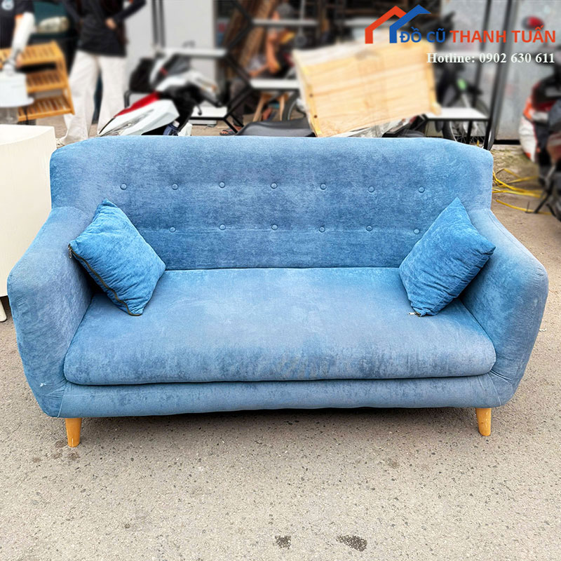 Sofa Băng Vải Cũ Màu Xanh Có Tay Vịn