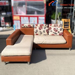 Sofa Góc L Cũ Bọc Da Kết Hợp Vải Hoa Văn