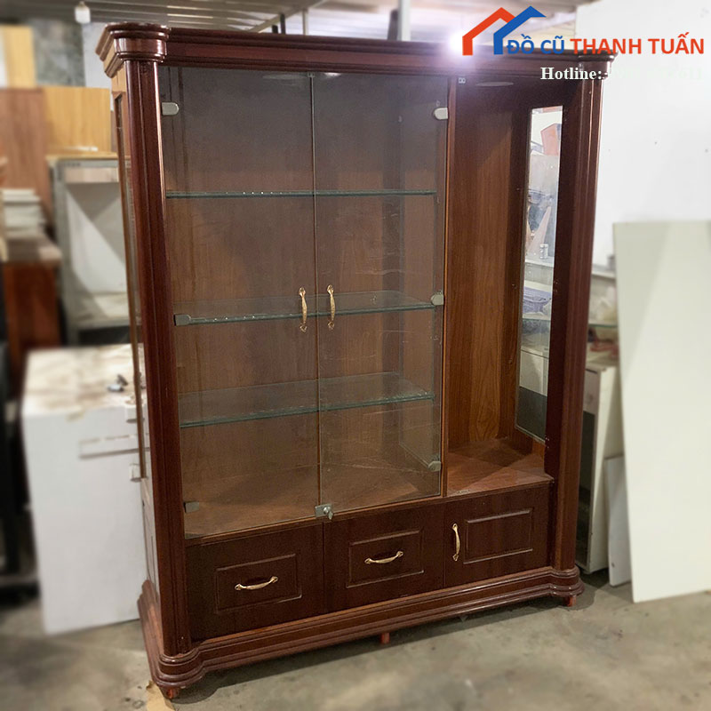 Tủ Kính Trưng Bày Khung Gỗ Tự Nhiên Cũ