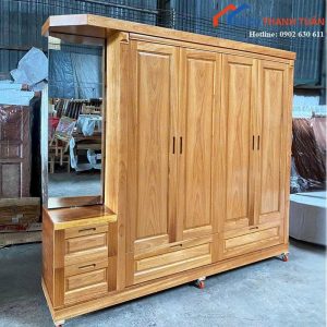 Tủ Quần Áo 4 Cánh Kèm Bàn Trang Điểm Gỗ Tự Nhiên Mới 99%