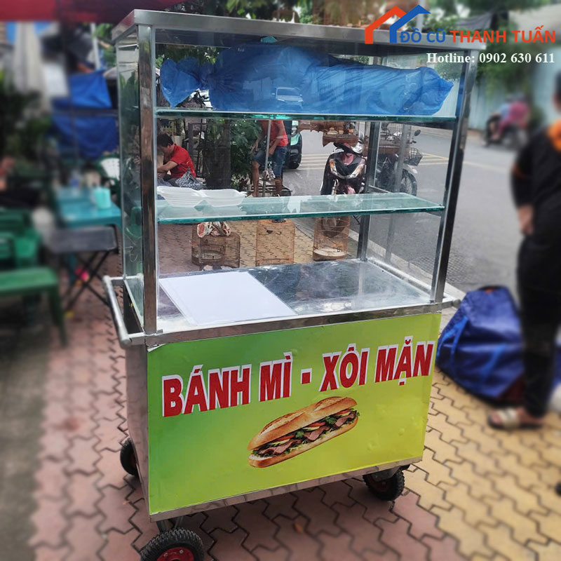 Xe Bán Bánh Mì Cũ Khung Inox Kính Có Bánh Xe
